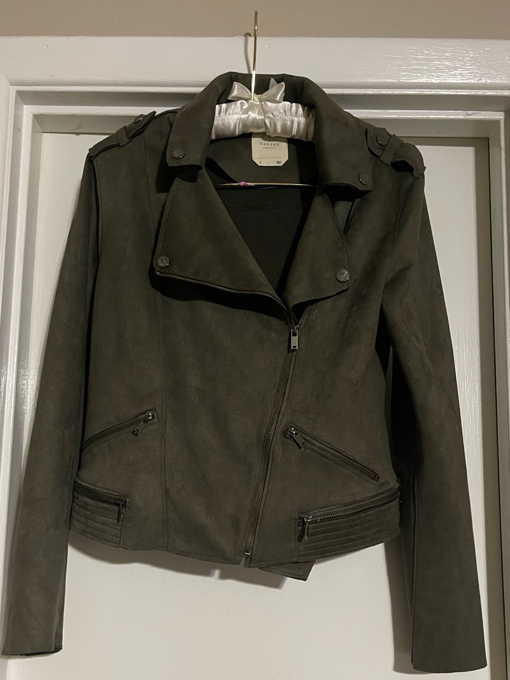 Green Faux Suede Moto Jacket Zippers Harper Heritage by Francesca’s Size Small